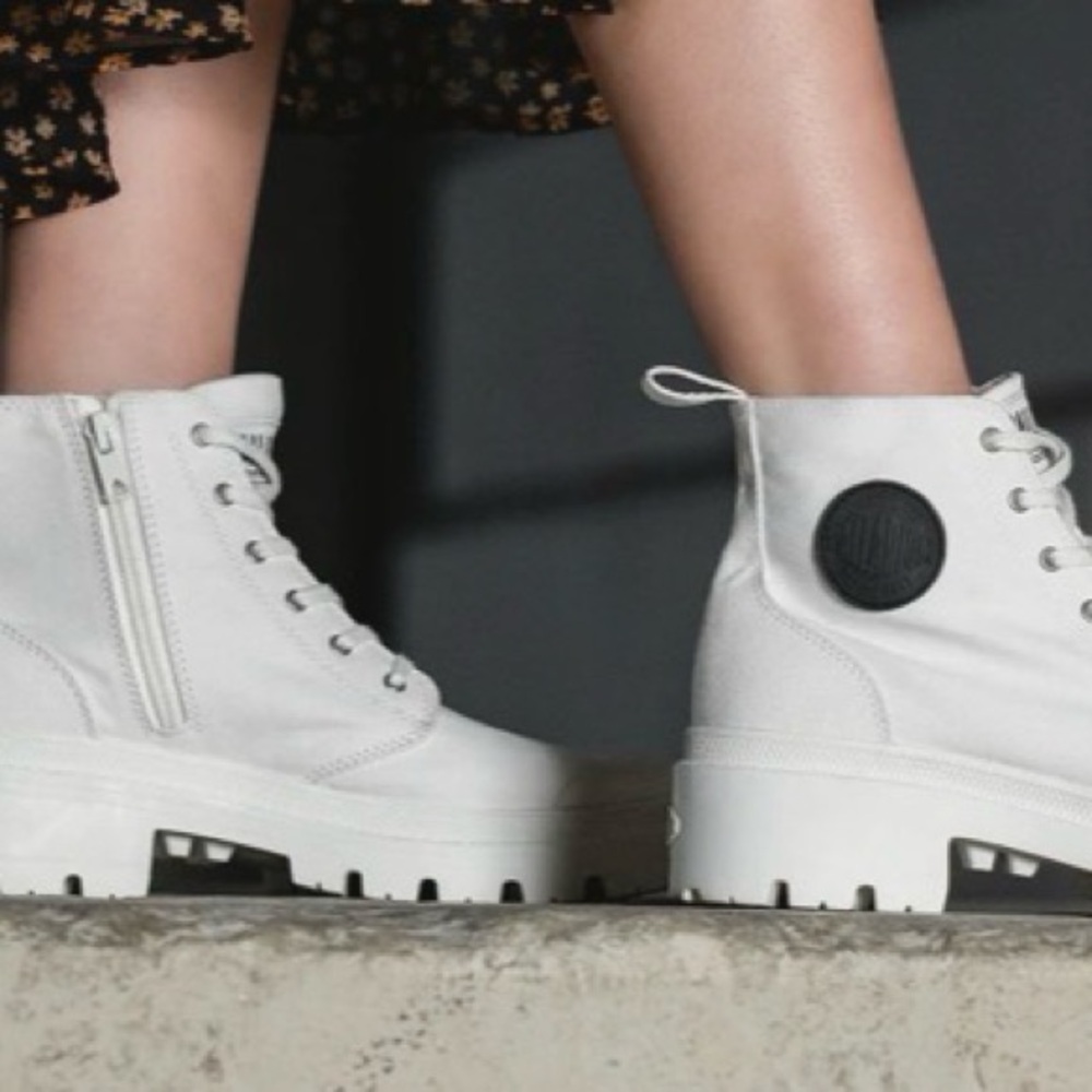 🆕.Palladium Pallabase Twill White Canvas Lug-Soled High Top Boots 7.5,8.5